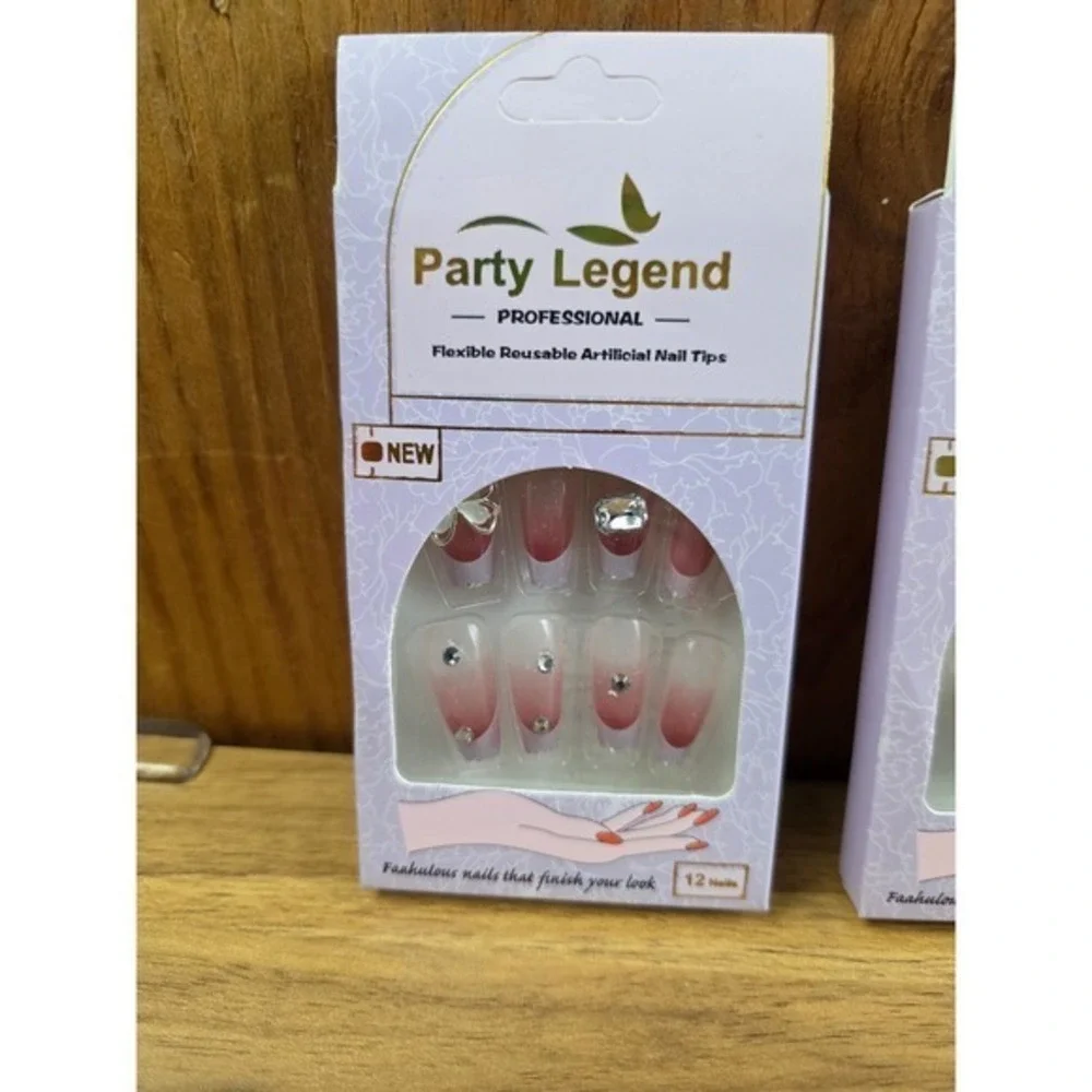 Party Legend Artificial Nail Tips 12ct Multicolor New Ombre Butterfly Rhinestone